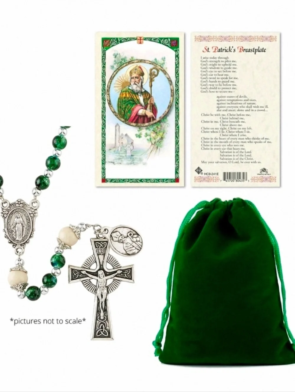 Irish Celtic Green Marbled Rosary with Laminated St. Patrick Prayer Card & Pouch - Picture 1 of 4